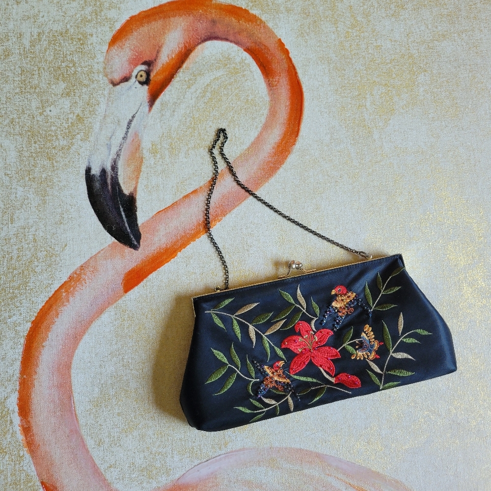 Valerie Stevens Floral Embroidered Purse Beaded Black Red